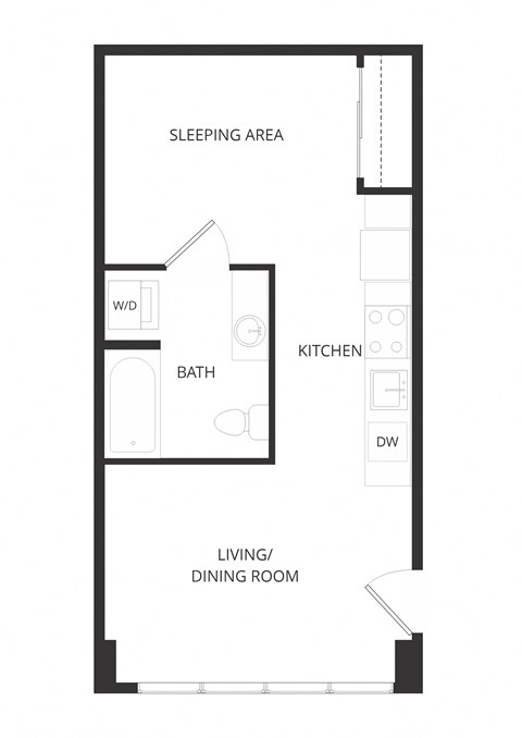 Floor plan for 1 bed, 1 bath, 500 sqft